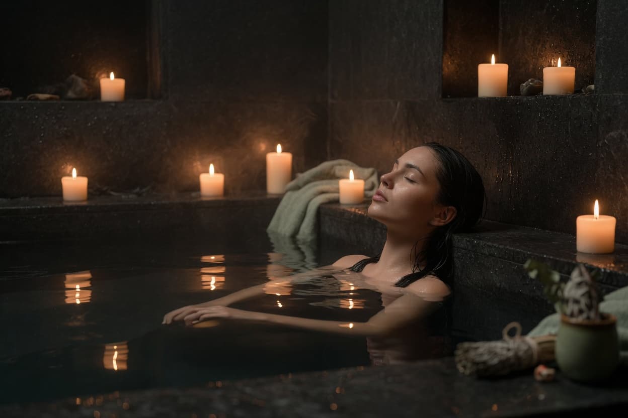 Our light-filled Notting Hill spa — warm stone, soft cream and eucalyptus, where Vera confirms your treatment in seconds.