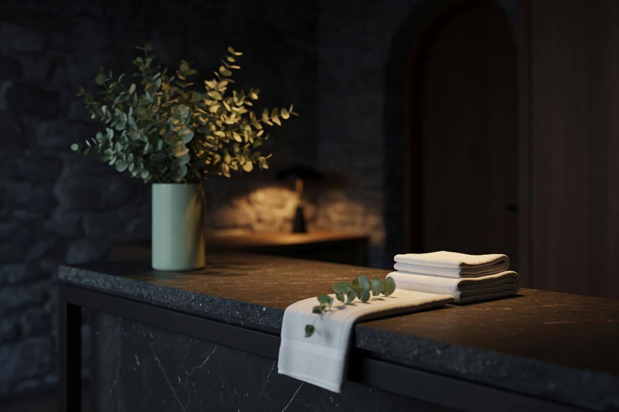 A calm welcome at the front desk, fresh greenery and all — the start of every visit to Seren.