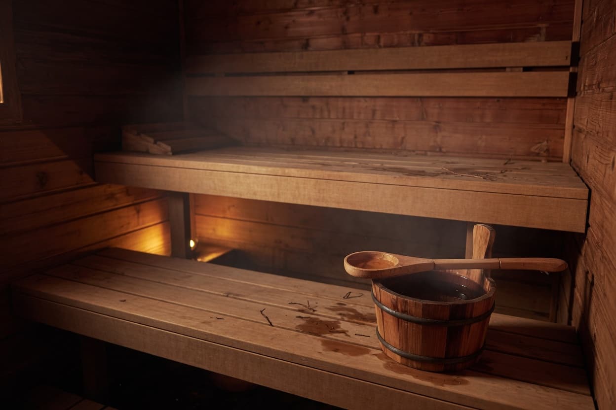 A warm cedar sauna — the heart of our restorative heat journey.