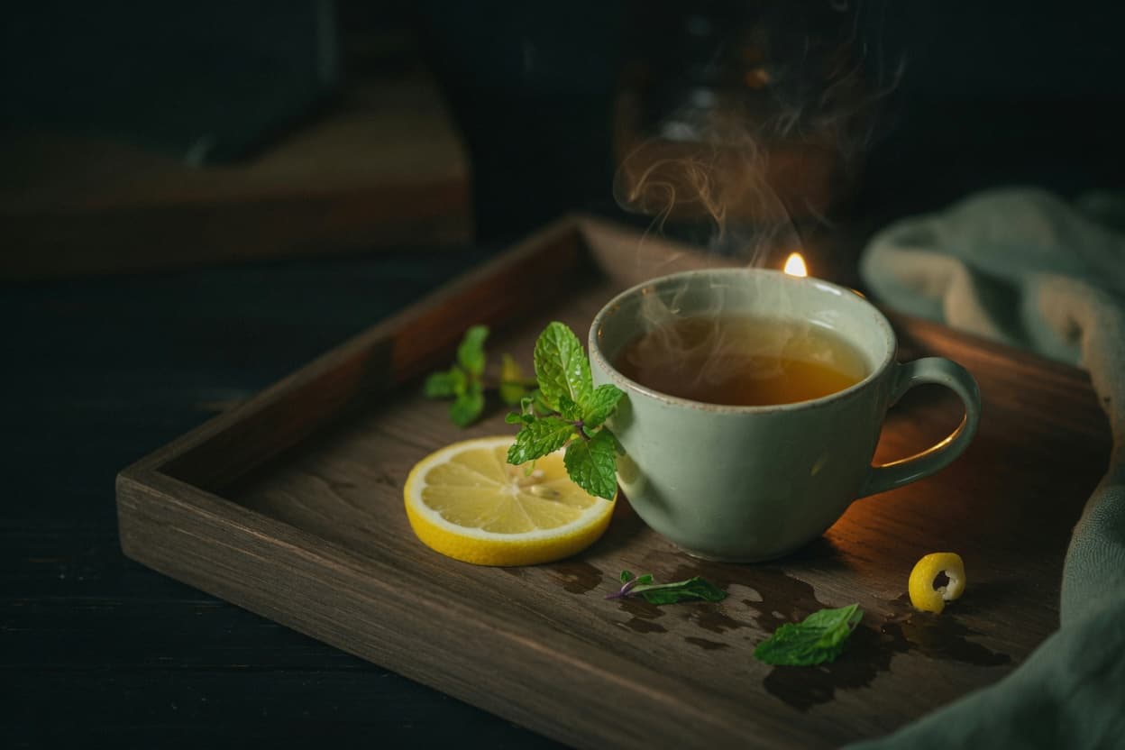 A calming herbal tea to begin and close your visit — a quiet moment to arrive and to linger.